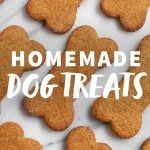 Healthy Homemade Dog Treats laid out on a marbled white background, with a text overlay
