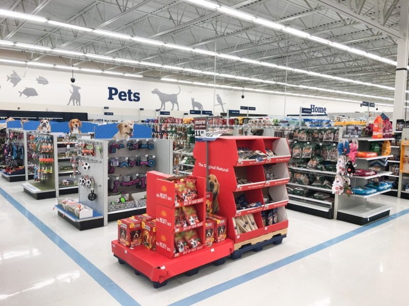 Shelves of pet products in a Meijer store