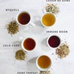 Five cups of herbal tea in white teacups, with the herbs for each nearby. From top clockwise: Cough Be Gone, Immune Boon, Sore Throat Antidote, Cold Care, and Nyquell teas