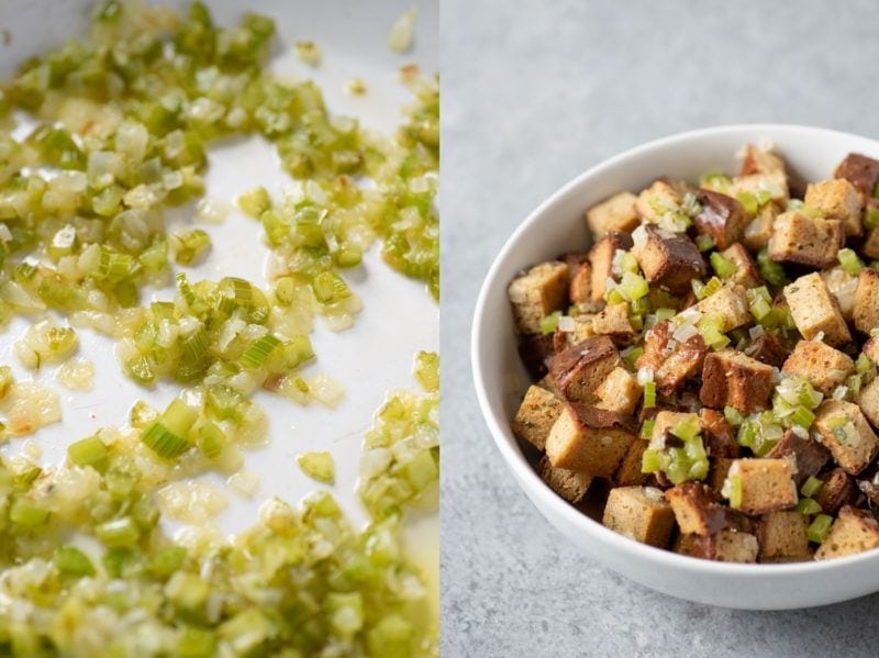 Split shot. On the left, cooked onions and celery. On the right, grain-free bread mixed with the celery and onions in a white bowl.