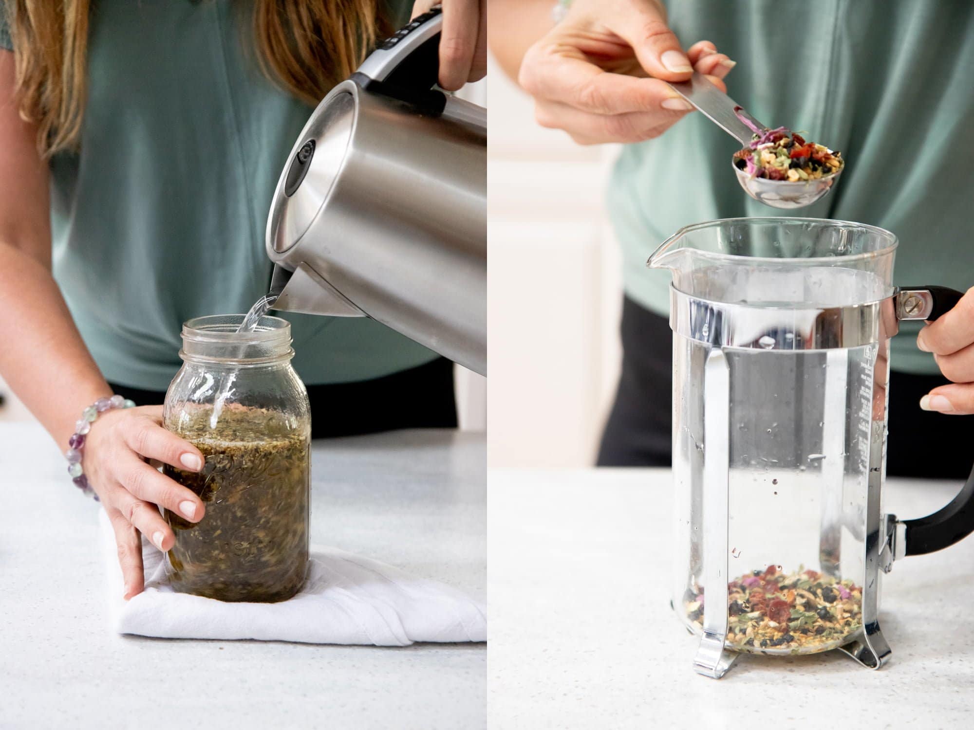 Side-by-side shot of herbal tea being brewed. On the left, tea is being poured into a mason jar. On the right, tea is being spooned into a French press.