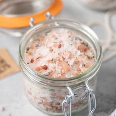 Swing-top glass jar of Calming Lavender Bath Salts
