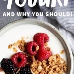 Overhead shot of 24-hour yogurt in a bowl, topped with granola and berries. Text overlay says "How to Make 24 Hour Yogurt and Why You Should"