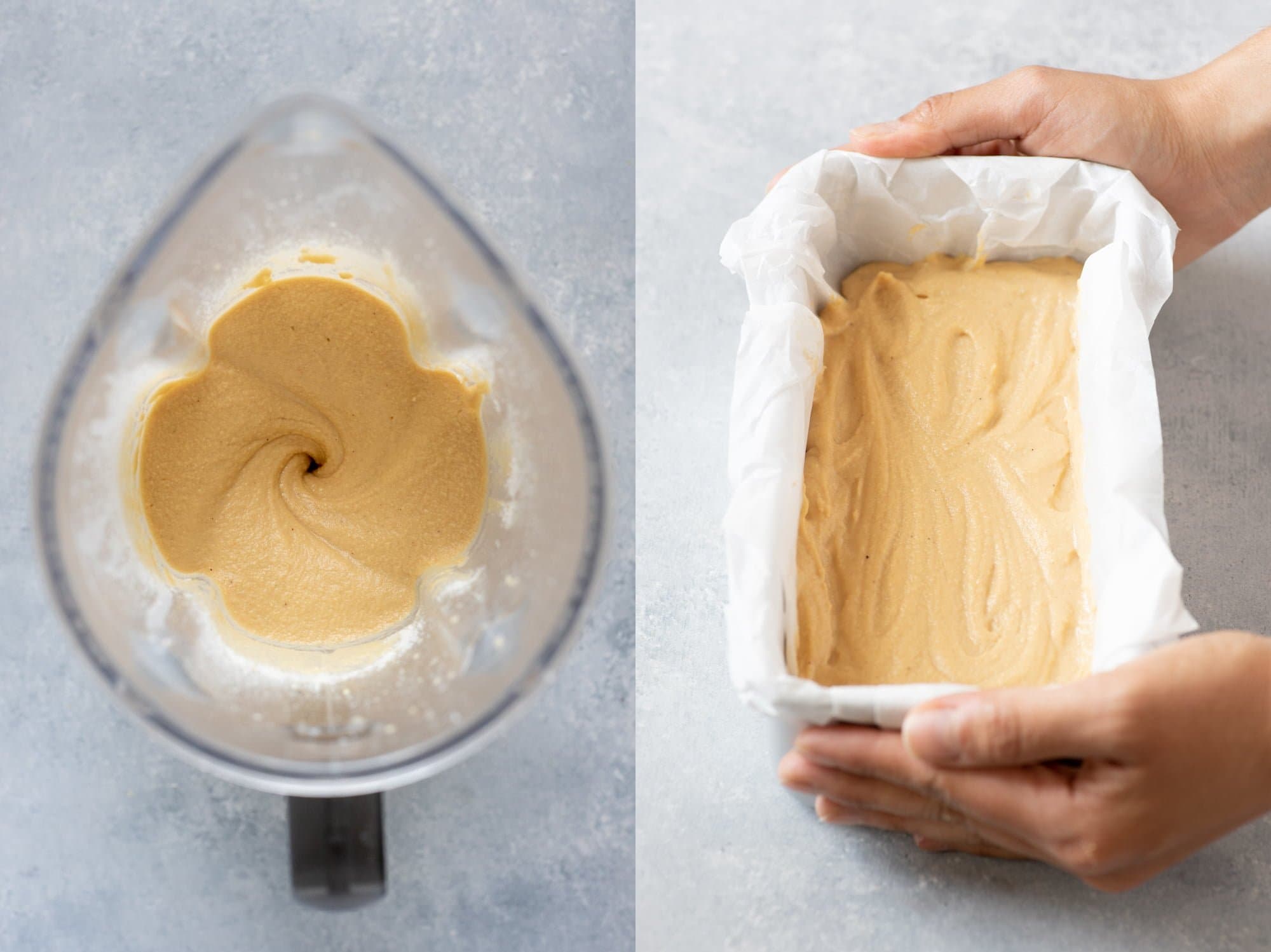 Split shot. On the left, the batter for Grain-Free Cashew Sandwich Bread is in a blender. On the right, it has been poured into a loaf pan.