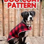 A black and white dog sits with a red and white plaid coat on. Text overlay "Dog Coat Pattern"