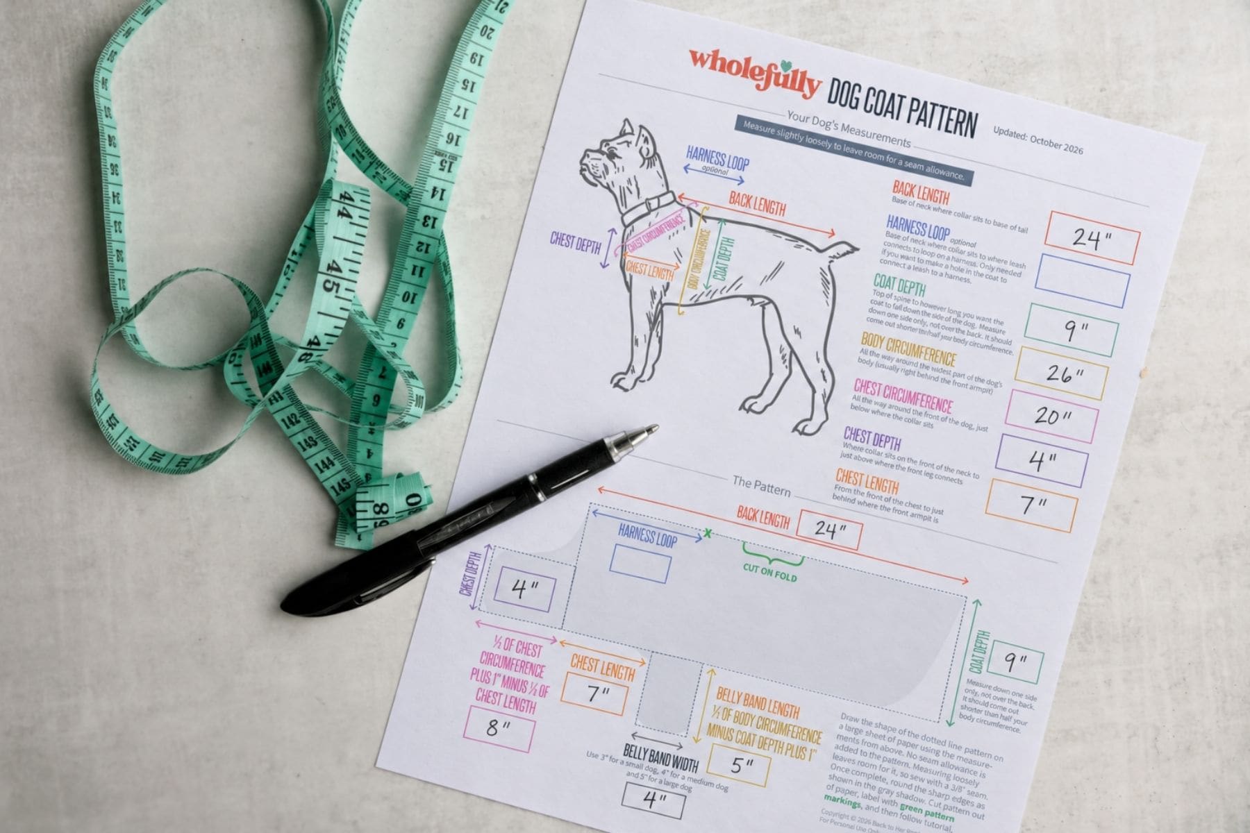 Wholefully dog coat pattern sheet filled in with measurements for a medium dog