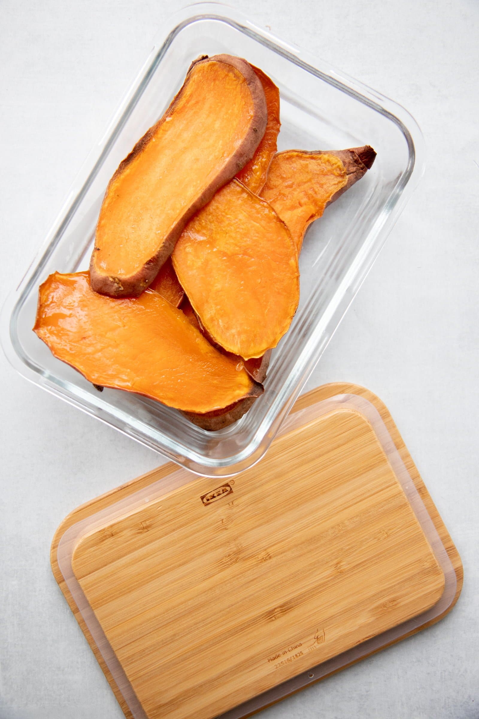 Sweet potato planks in a glass storage container