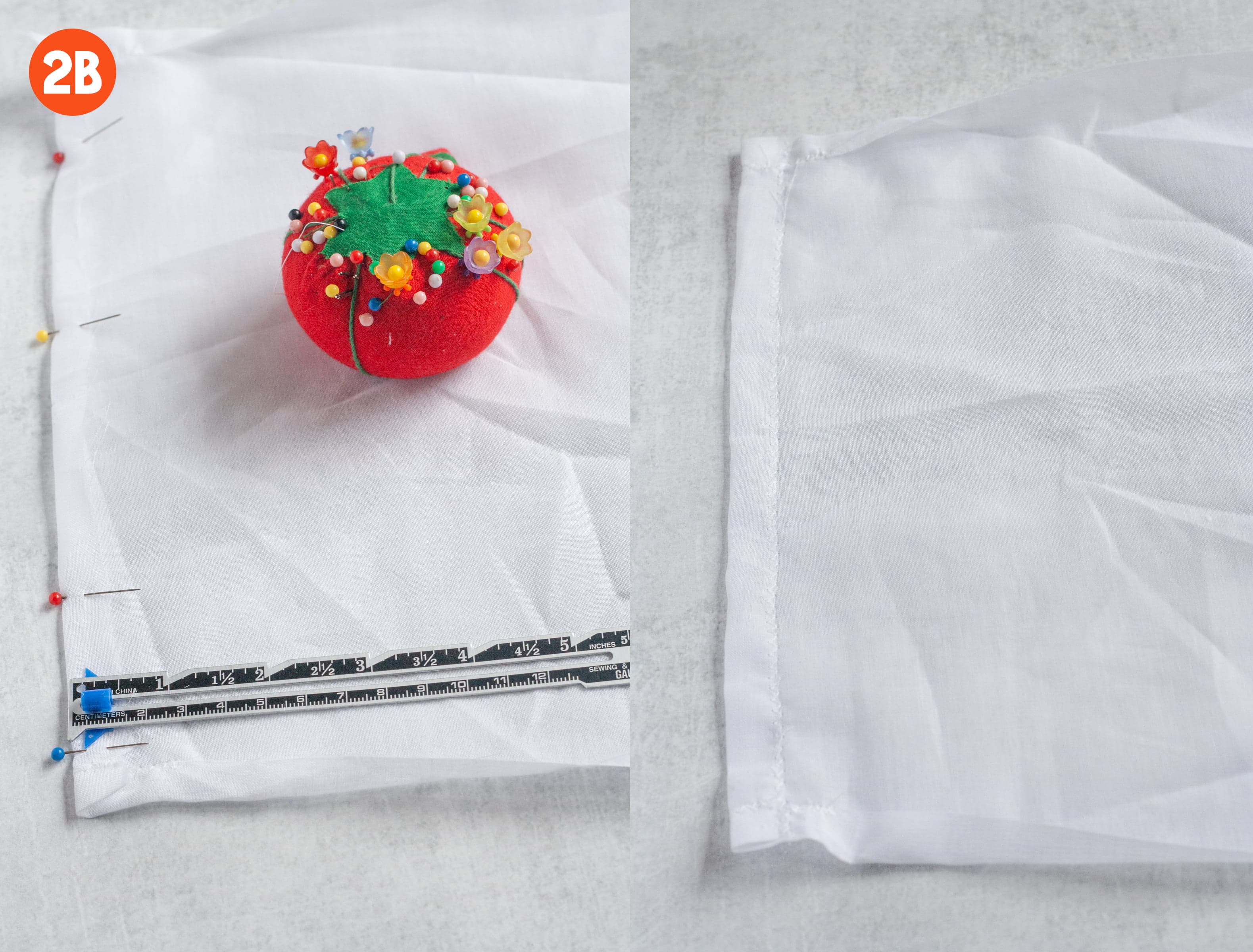 2 side-by-side shots showing how to make a drawstring casing. In one image, an edge of cotton voile is folded over and pinned. In the other, that fold is sewn down. Labeled 2b.