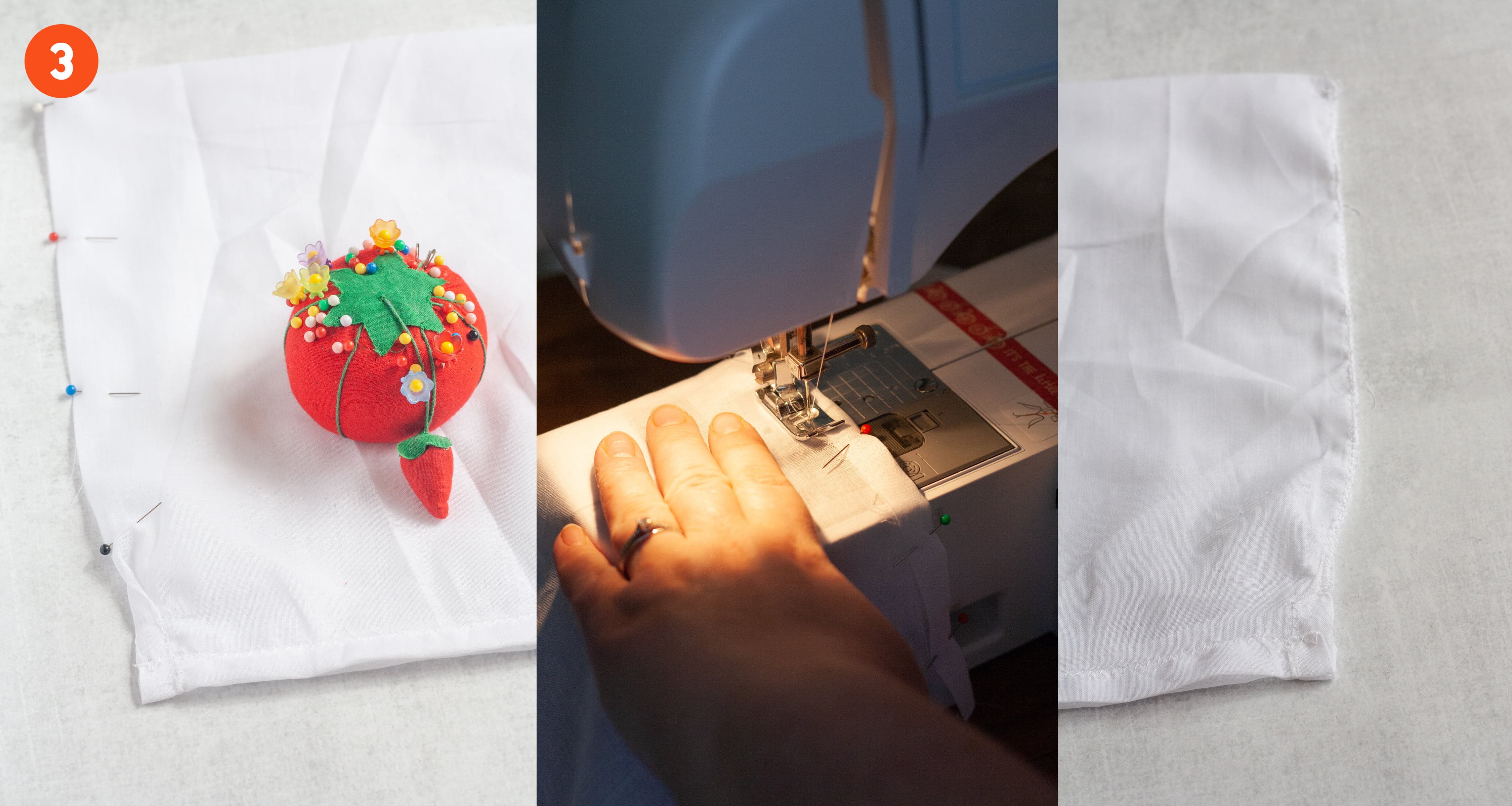 3 images side-by-side showing how to sew a reusable produce bag together. On the left, sides of a bag are pinned together, ready to be sewn. In the middle, the fabric is being fed through a sewing machine. On the third, the sides are sewn. Labeled with 3.