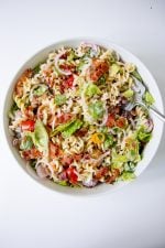 Ranch BLT Pasta Salad in a white bowl on a white background