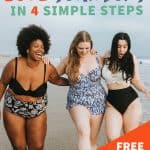Three women in swimsuits with their arms around each other, laughing on the beach. A text overlay reads "Learn to Love Your Body in 4 Simple Steps. Free Guided Meditation Series."
