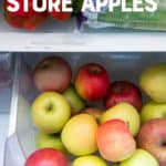 Green, yellow, and red apples are piled in a crisper of a refrigerator. A text overlay reads "The Very Best Way to Store Apples"