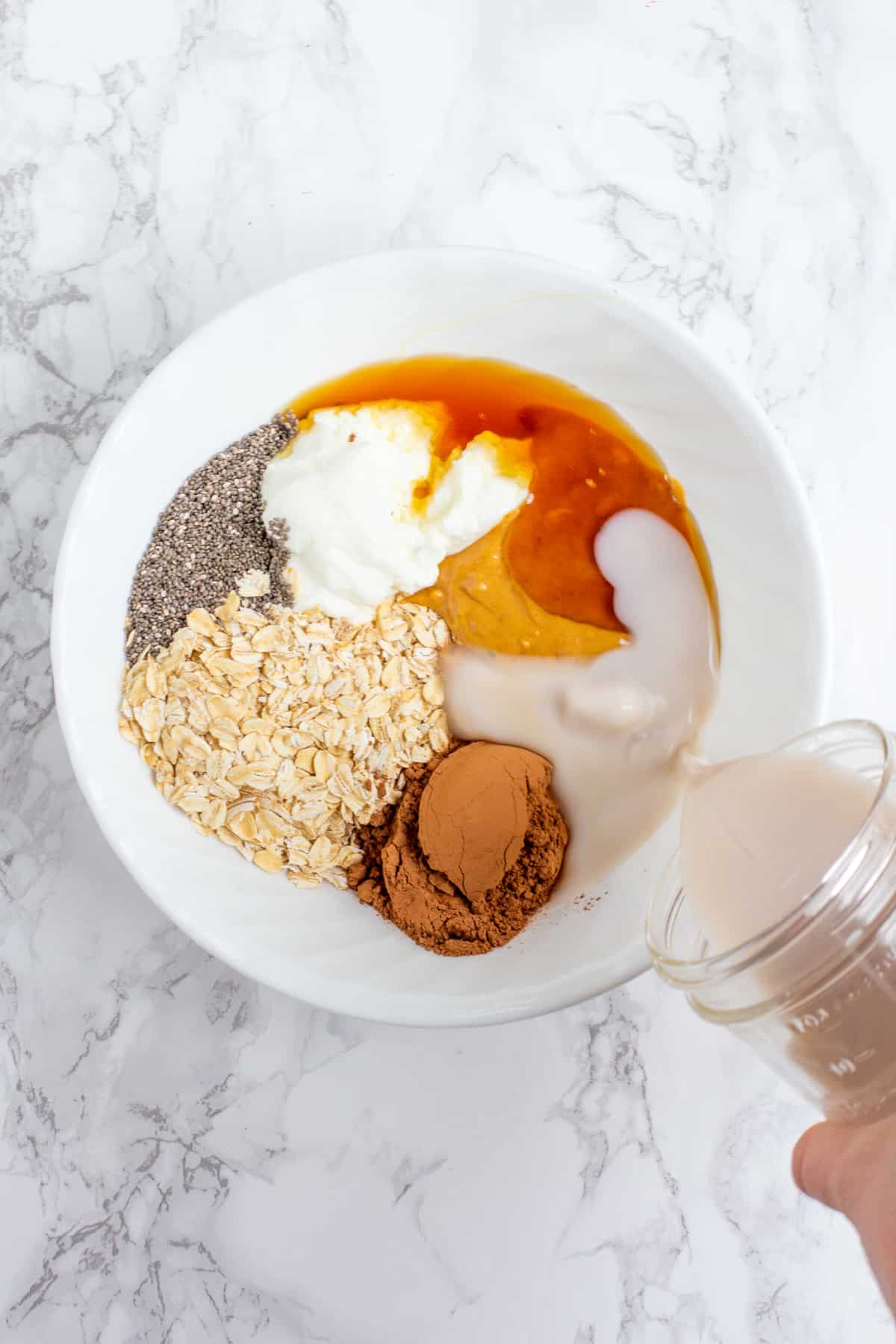 Ingredients in a white bowl - rolled oats, cocoa powder, peanut butter, yogurt, chia seeds, and milk.