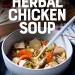 A spoon with a white handle sits in a white bowl full of herbal chicken soup. A text overlay reads "Healing Herbal Chicken Soup."