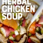 A spoon with a white handle sits in a white bowl full of Instant Pot herbal chicken soup. A text overlay reads "Healing Herbal Chicken Soup."