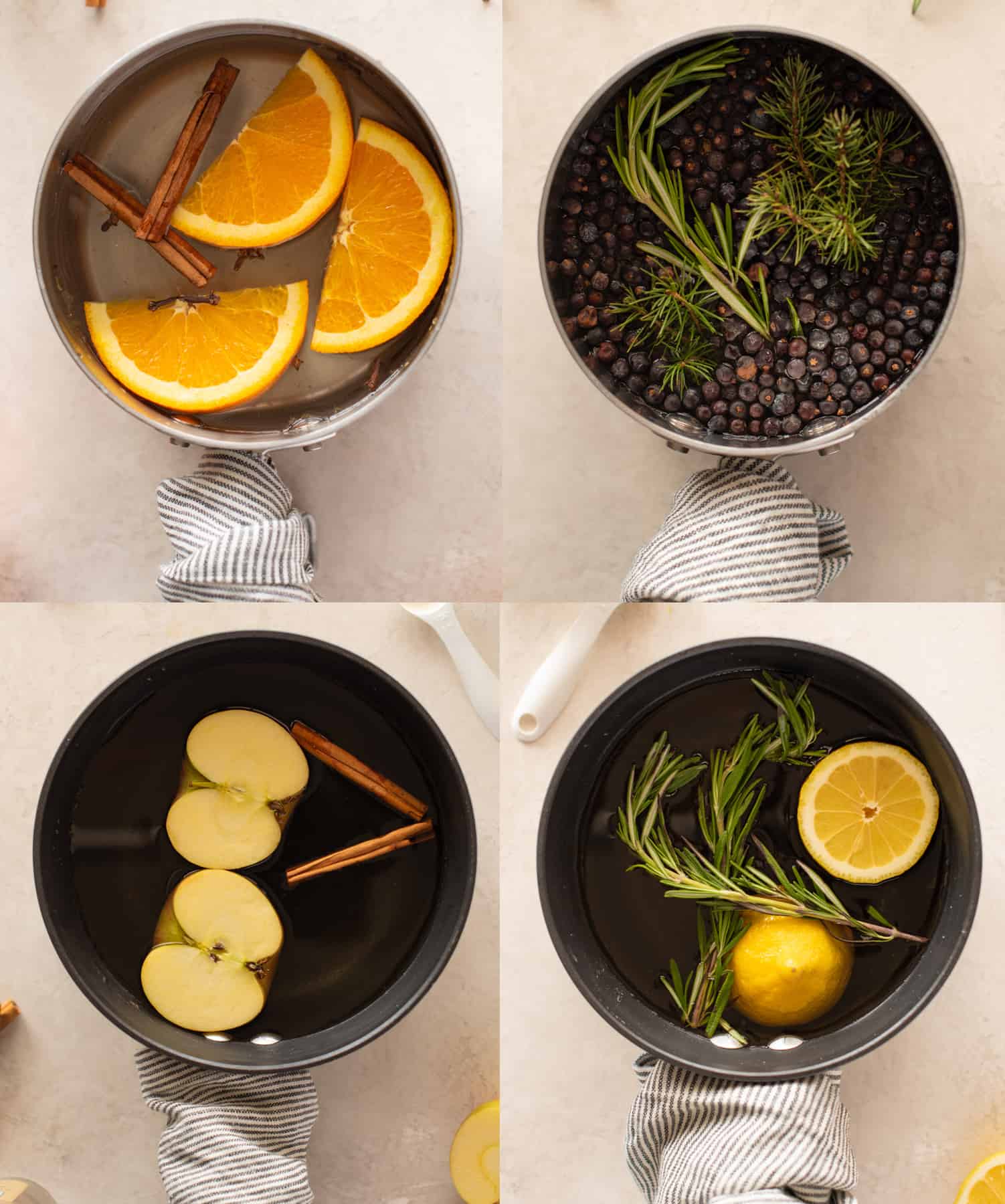 The image is divided into quarters, each containing a saucepan holding a different scent of stovetop potpourri.