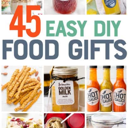 A collage of photos of DIY food gifts, ranging from hot sauce, to limoncello, to soup mixes, and more. A text overlay reads "45 Easy DIY Food Gifts."