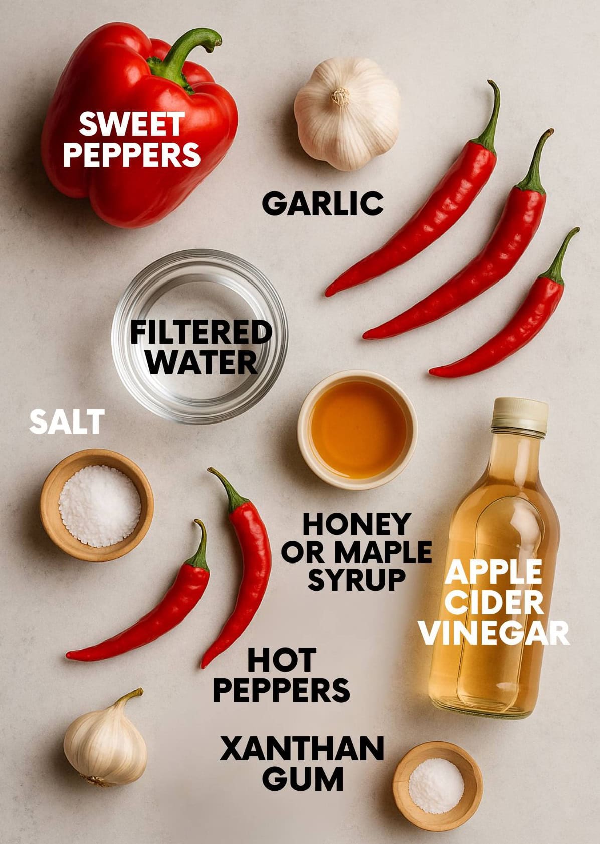Ingredients for making hot sauce laid out on a white countertop