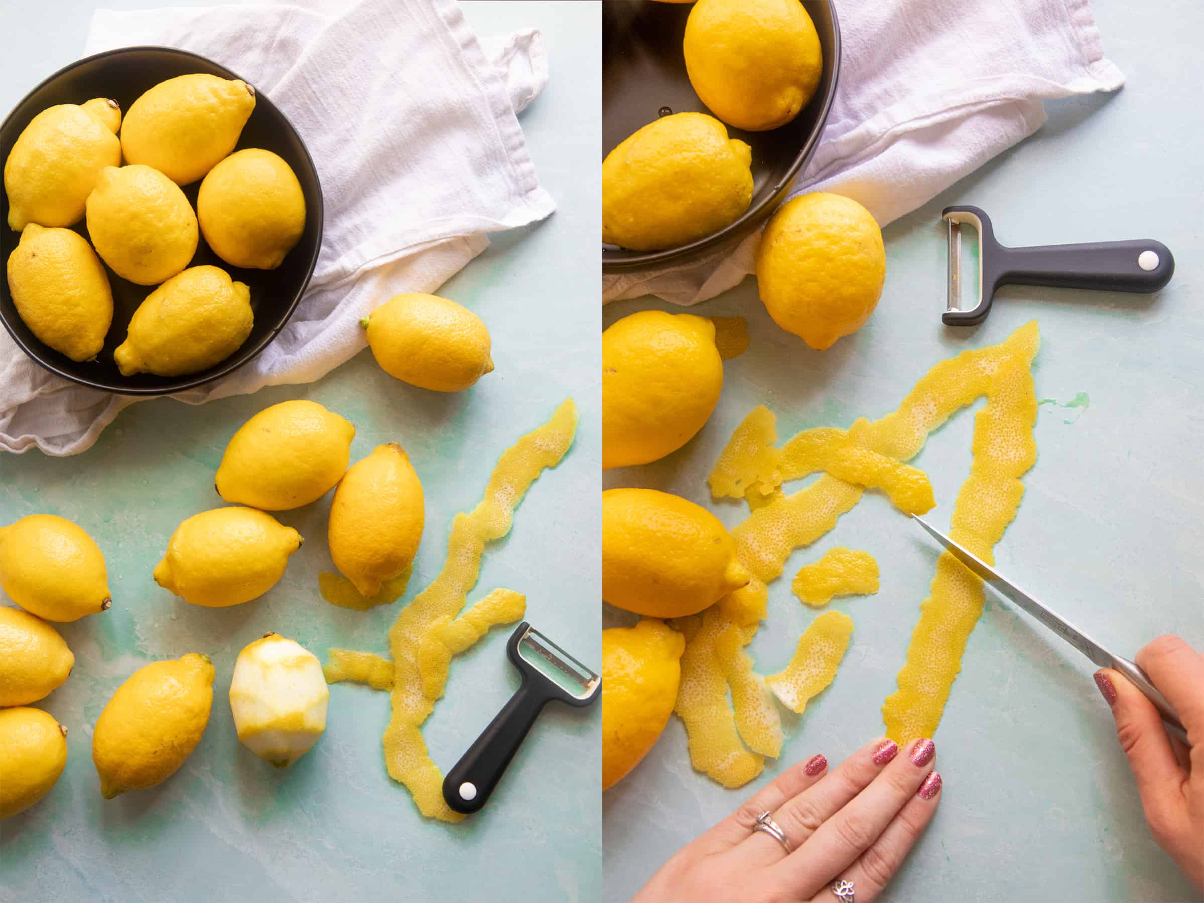 Split image of lemons being peeled. On the left, a peeler lies next to a peeled lemon among many intact lemons. On the right, hands use a paring knife to cut the peels.