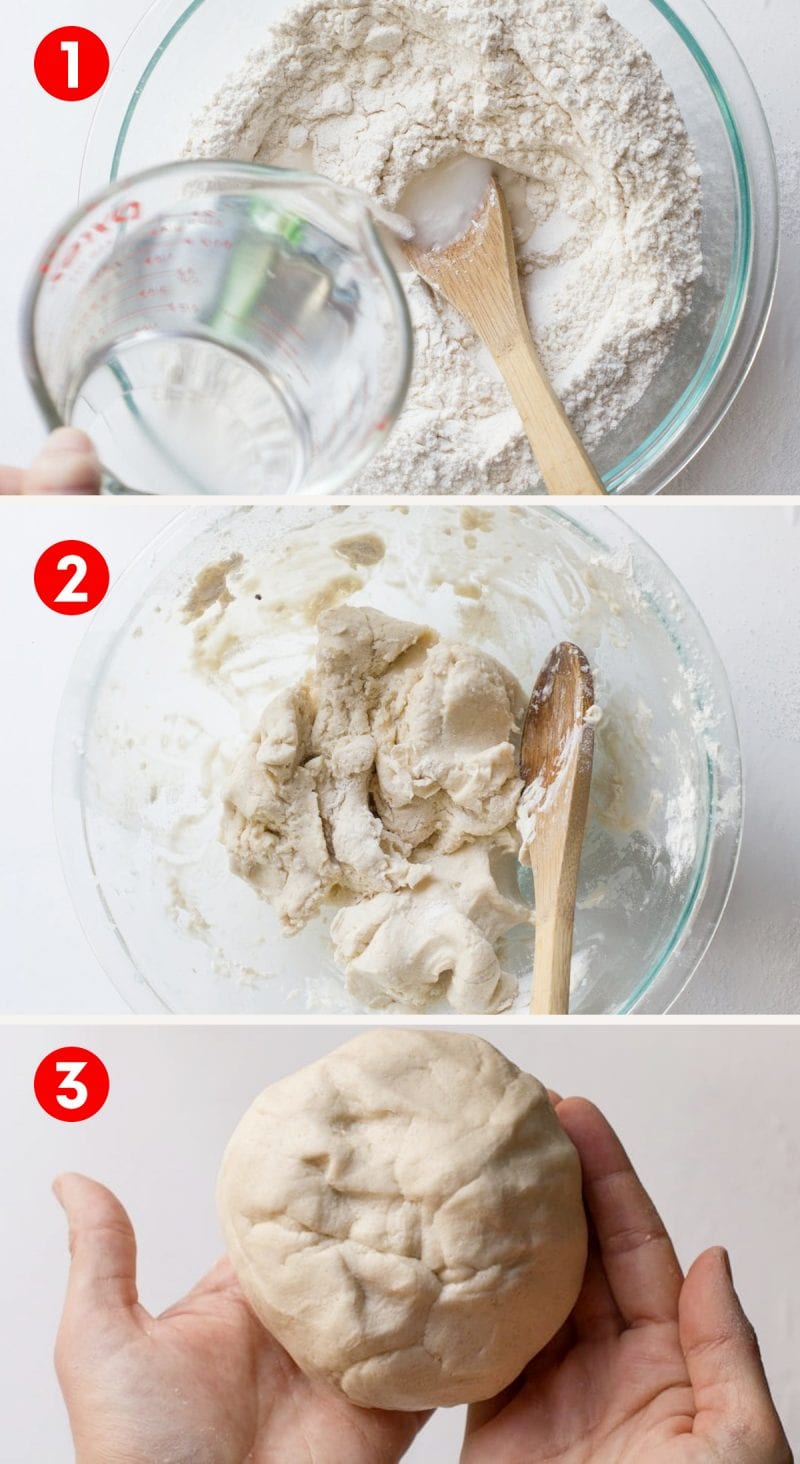 Step-by-step photos of making salt dough. Mixing ingredients in glass bowl with wooden spoon.