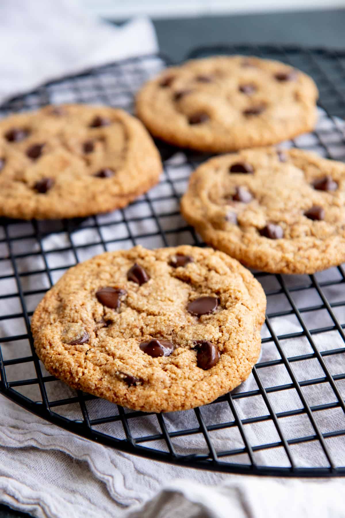 Almond flour chocolate chip cookies cool on a wire baking rack.