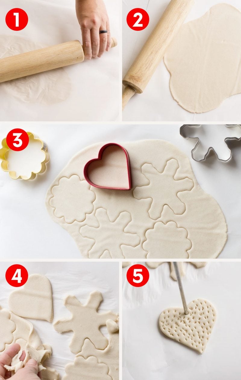 Step by step process of rolling and cutting salt dough ornaments on white background.