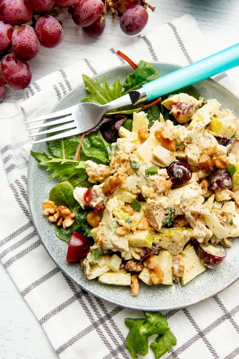 A gray plate holds chicken salad and lettuces. A blue fork rests on the plate.