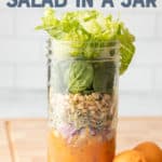 Components for a mandarin salad layered in a mason jar - dressing, mandarin slices, onions, sprouts, pine nuts, and greens. Additional ingredients surround the jar. A text overlay reads "Mandarin Orange Salad in a Jar."