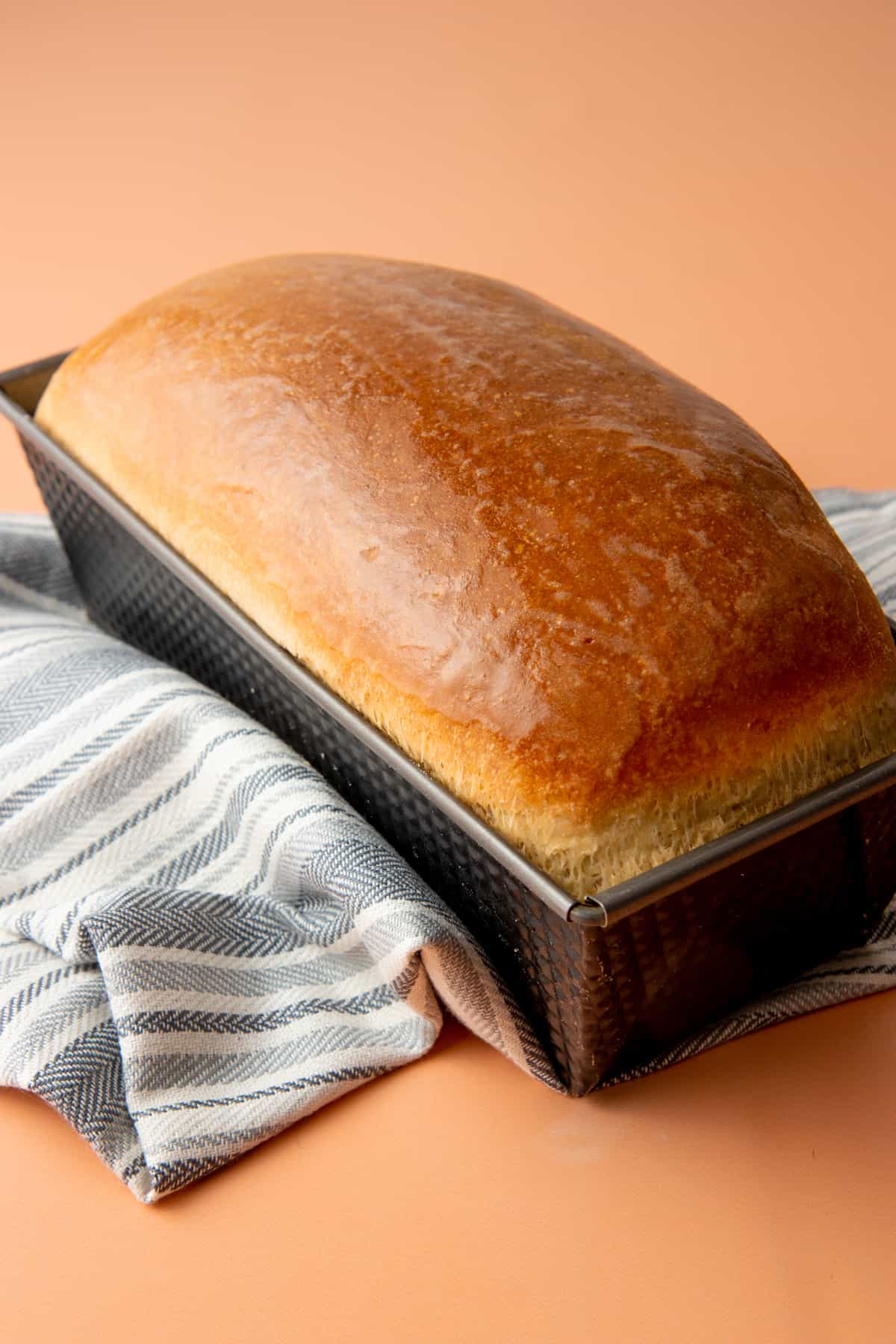 A baked loaf of bread sits in a loaf pan on top of a cloth napkin.