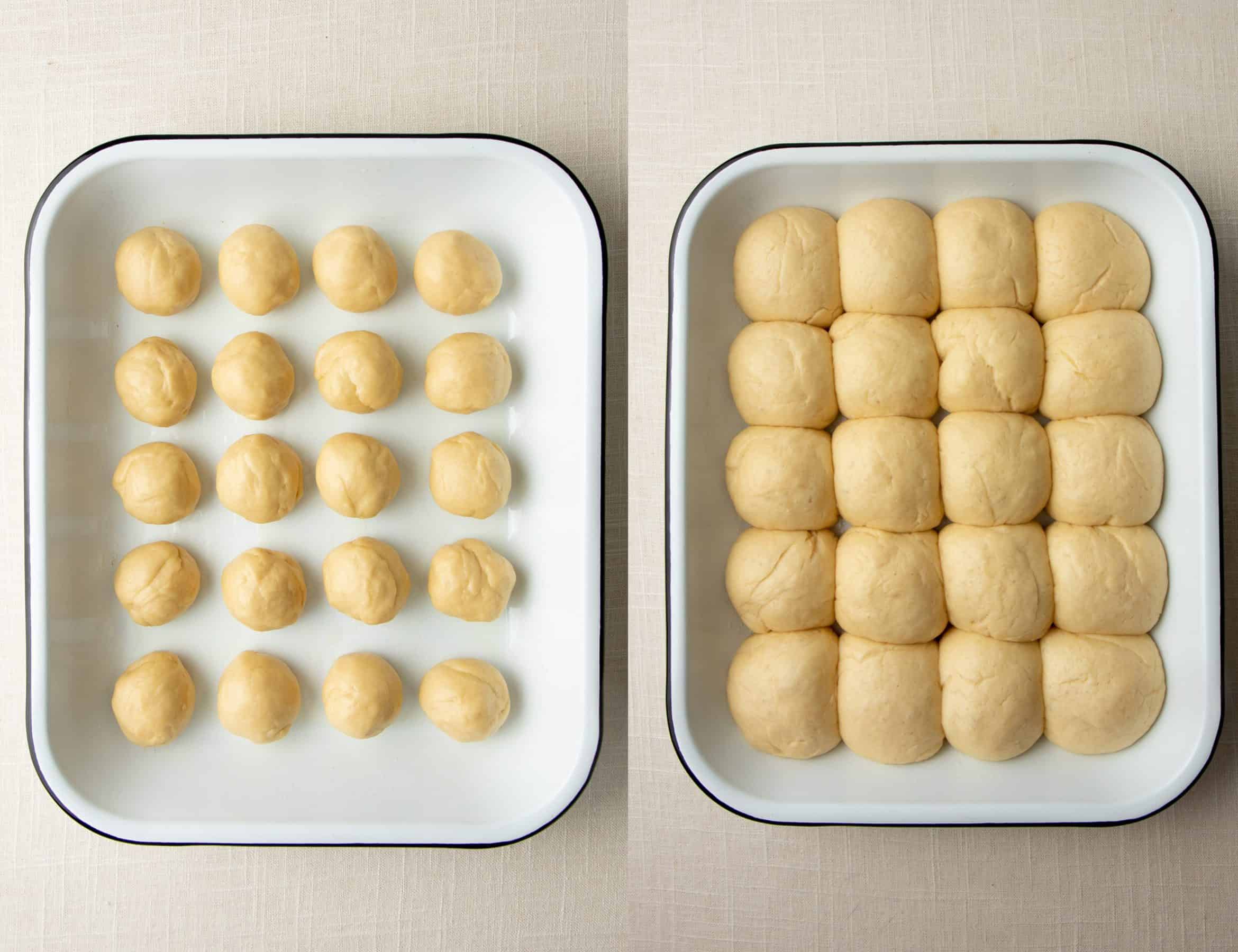 A split image with balls of bread dough on the left, and dough after rising on the right.