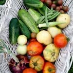 Tomatoes, cucumbers, and other freshly harvested vegetables sit in a white wicker basket.
