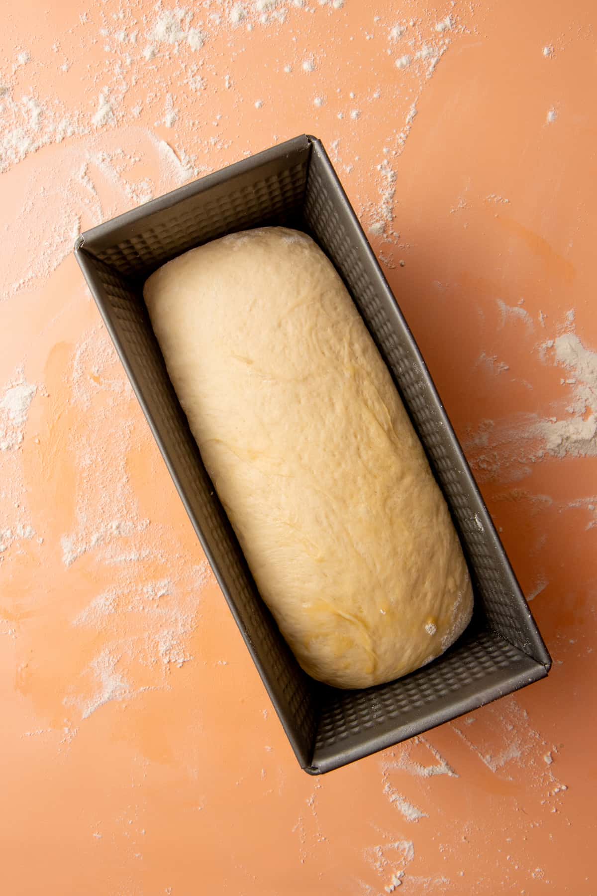 A loaf pan contains the un-baked dough.