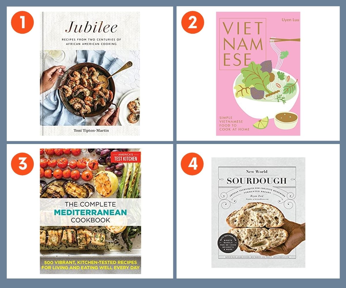A collage of 4 images of cookbooks to gift to foodies