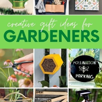 Collage of nine gift ideas for gardeners. A text overlay reads, "Creative Gift Ideas for Gardeners."
