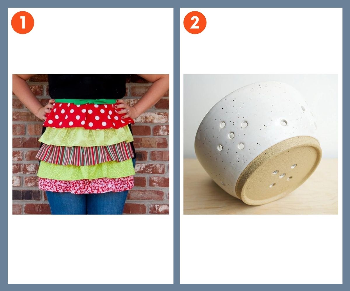 A split image with a homemade apron on one side, and a berry bowl on the other.