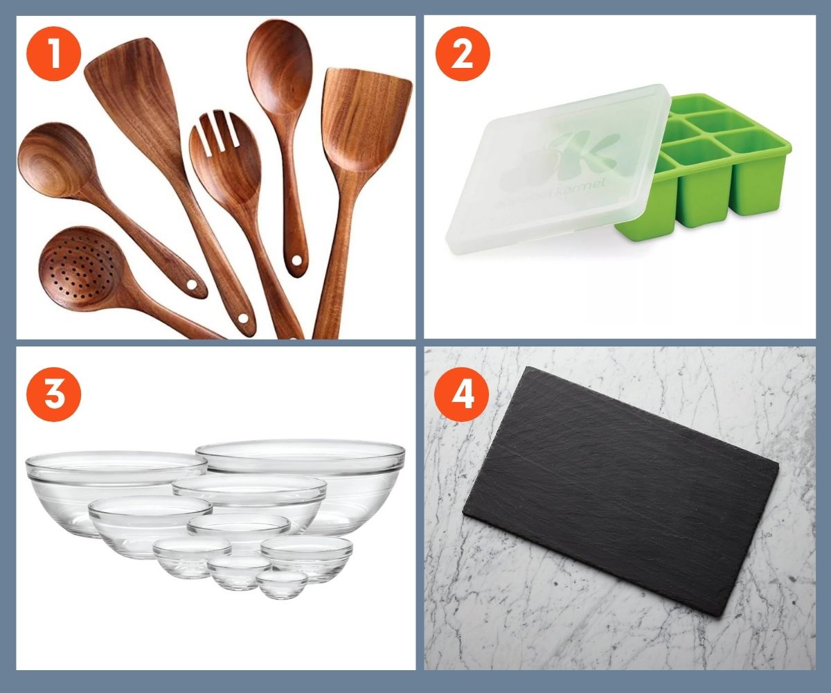 Collage of four kitchen gear gifts for foodies including wooden utensils and glass mixing bowls.