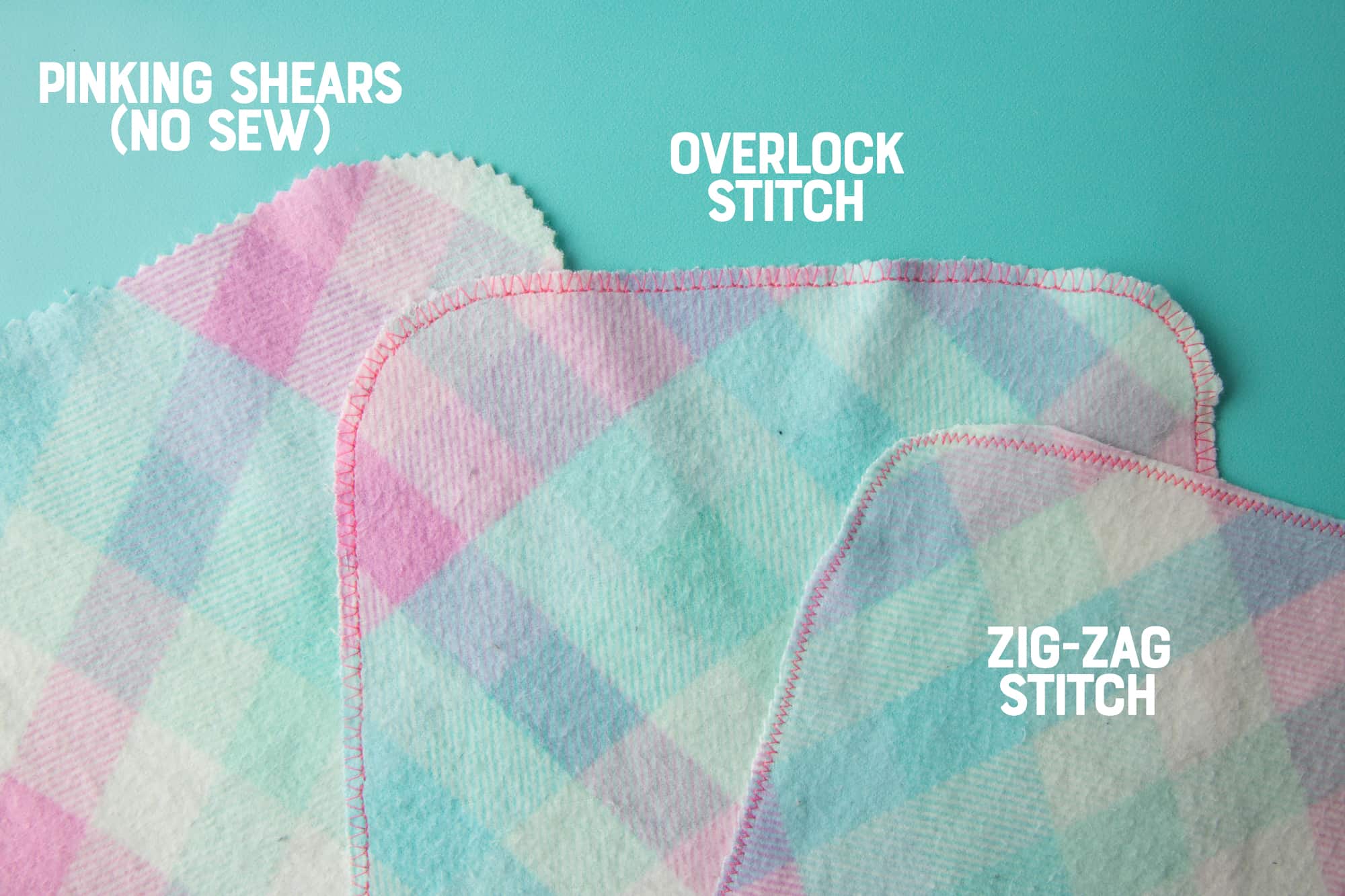 Three types of cloth for reusable toilet paper sit on a blue background, with the labels "pinking shears (no sew", "overlook stitch", and "zig-zag stitch"