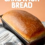 A loaf of baked bread sits in a gray loaf pan on a cloth napkin. A text overlay reads "beginner-friendly! Sandwich bread"