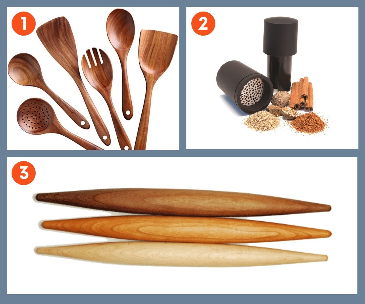 Collage of three baking tools including tapered, french-style rolling pins, wooden cooking utensils, and a spice grinder.