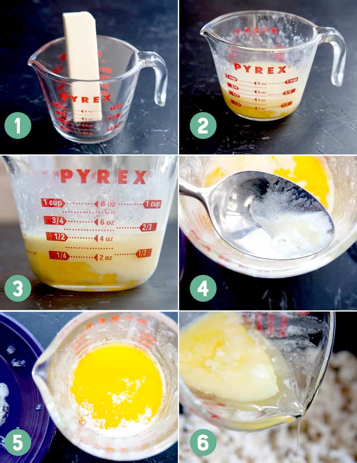 Numbered images show how to clarify butter for popcorn.