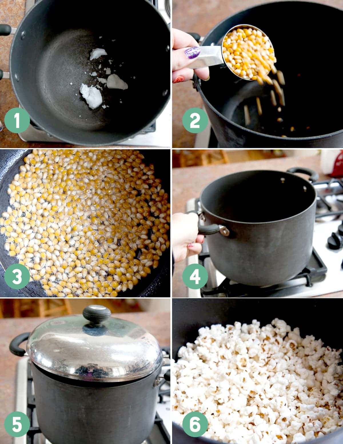 Numbered images show the steps for making popcorn on the stove.