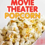 Red and white popcorn boxes full of popcorn with the text overlay 'Never Soggy Homemade Movie Theater Popcorn'