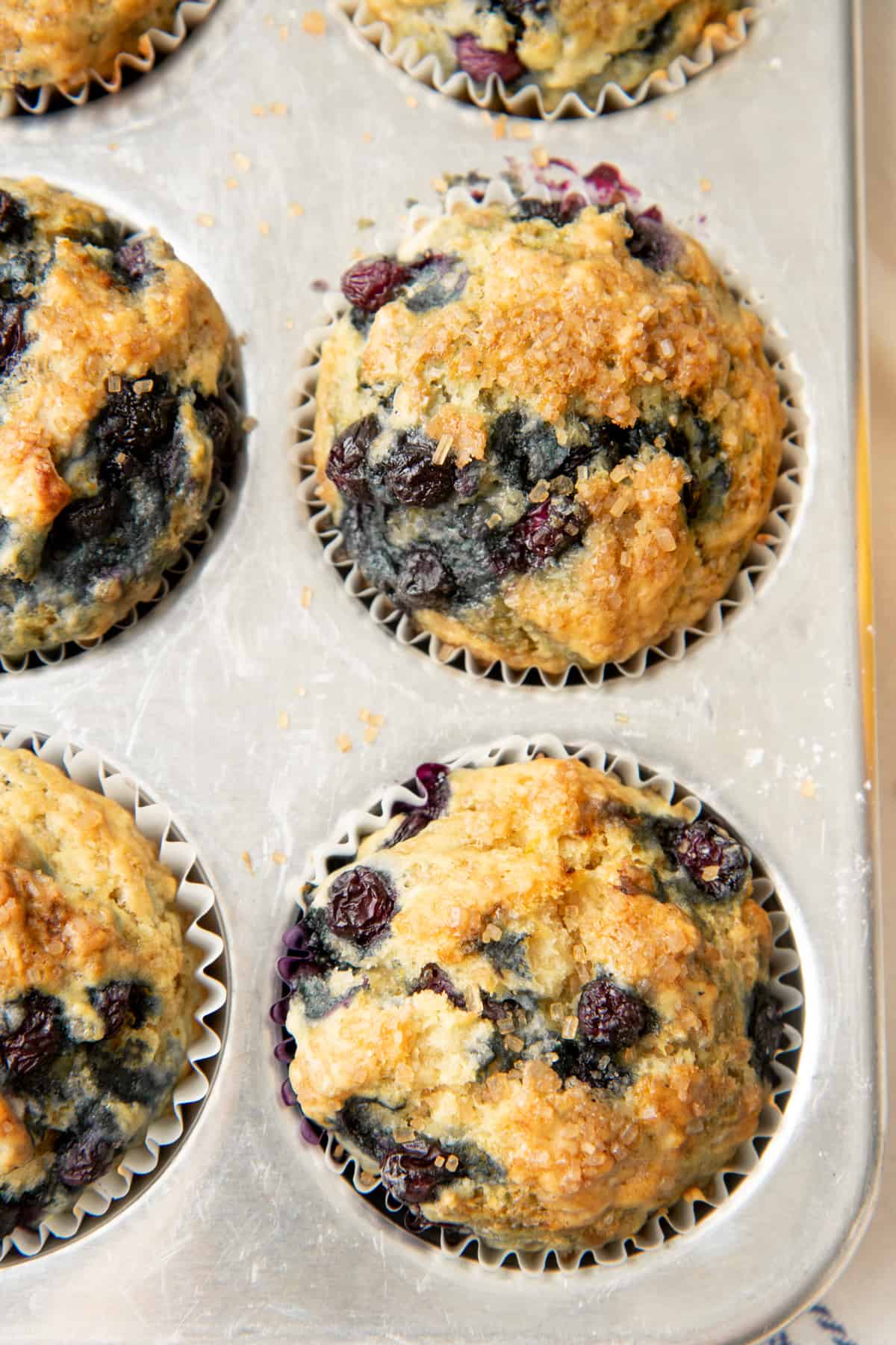 Freshly baked muffins sit in a muffin pan.