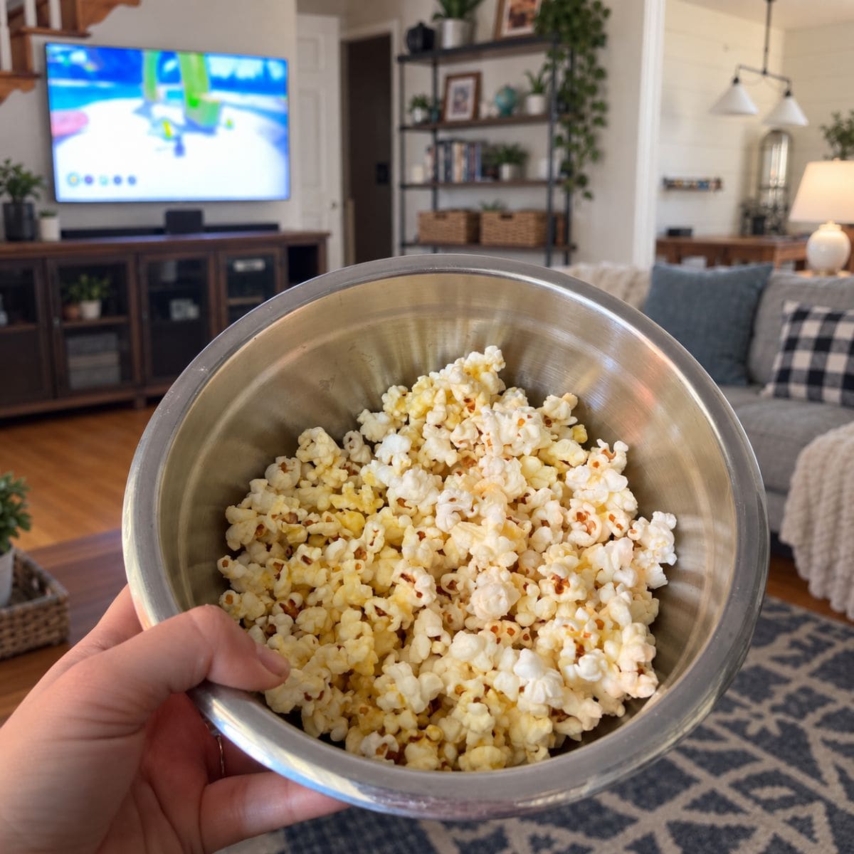 Hand holds a bowl of popcorn in front of a TV in a living room