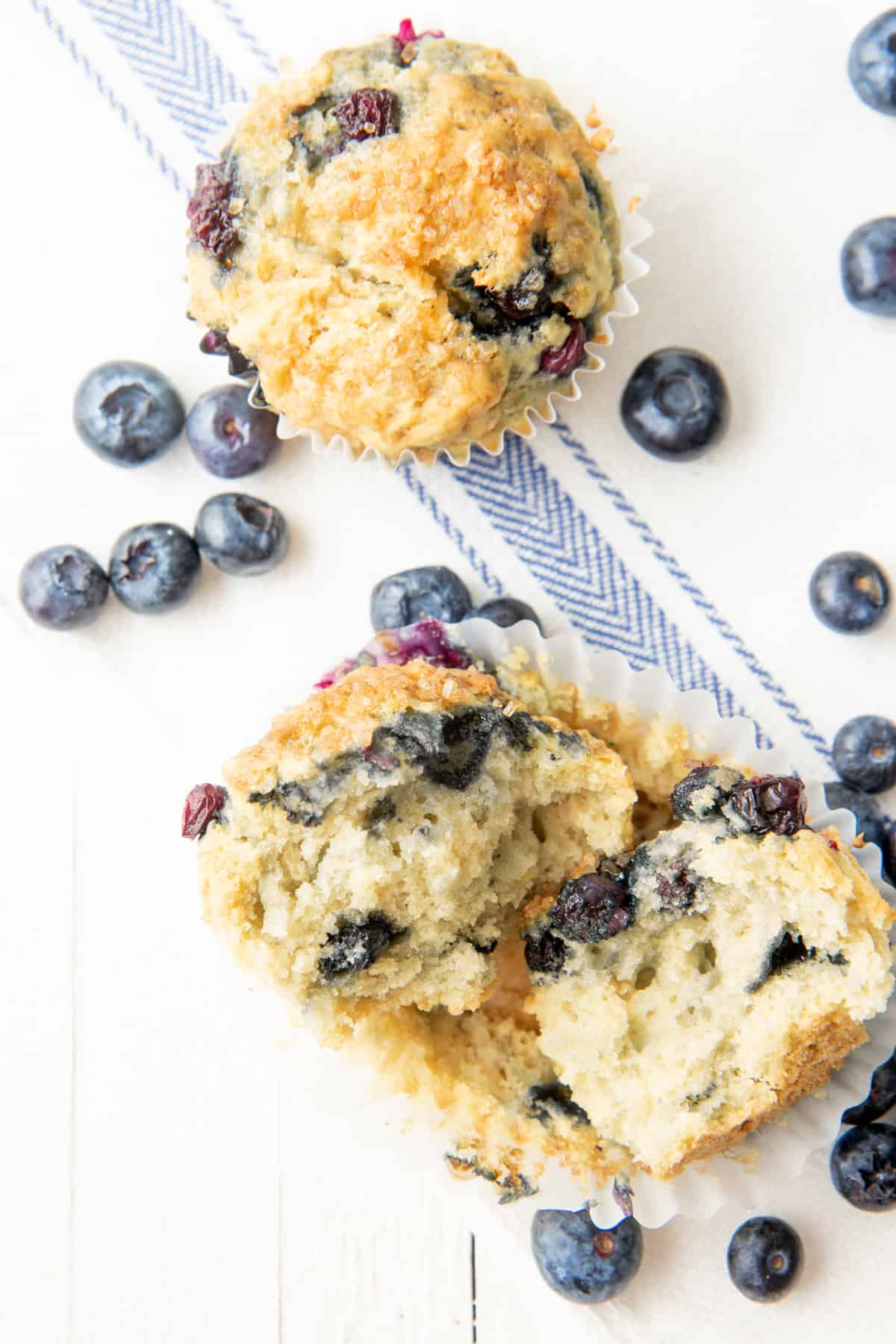 Two Vegan Blueberry muffins, one open, sit together surrounded by fresh blueberries.