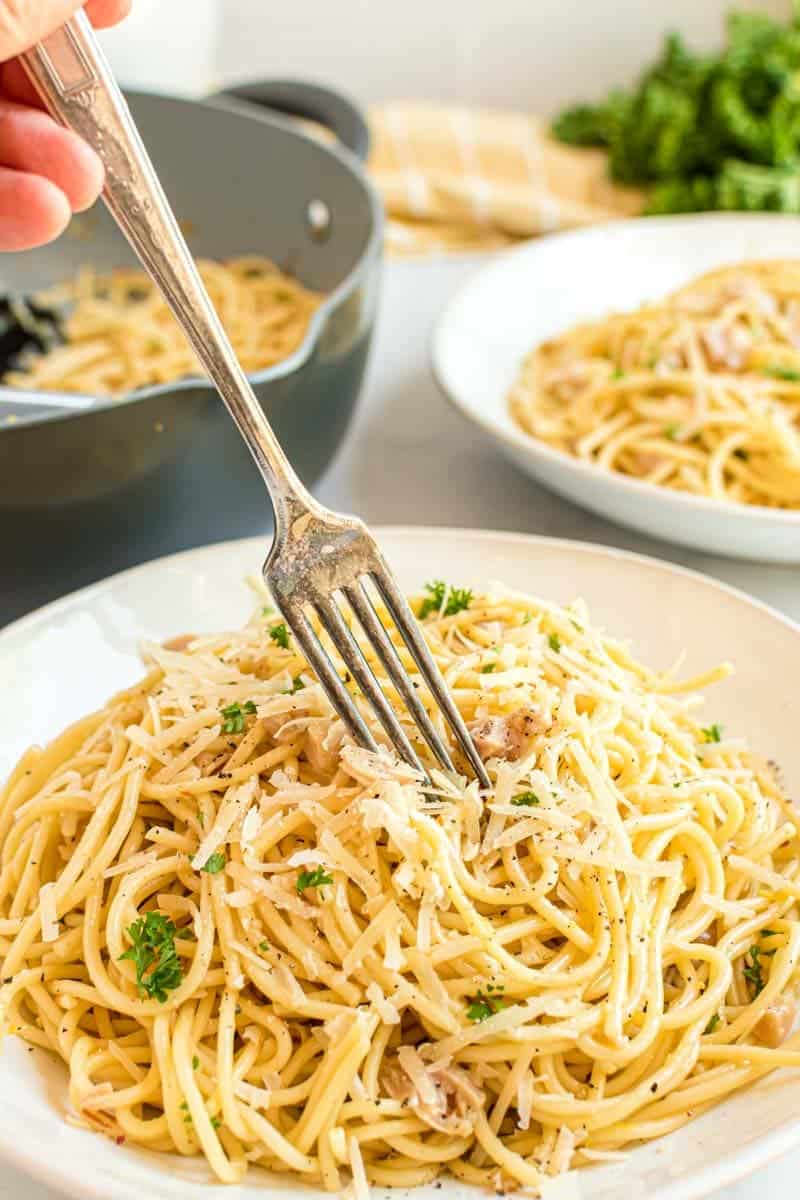 Close-up of fork about to dig in and twirl the finished spaghetti and clams on a plate.