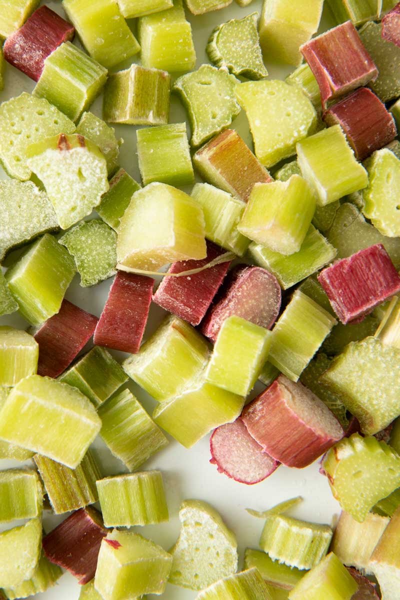 Close-up of individually frozen slices of rhubarb.