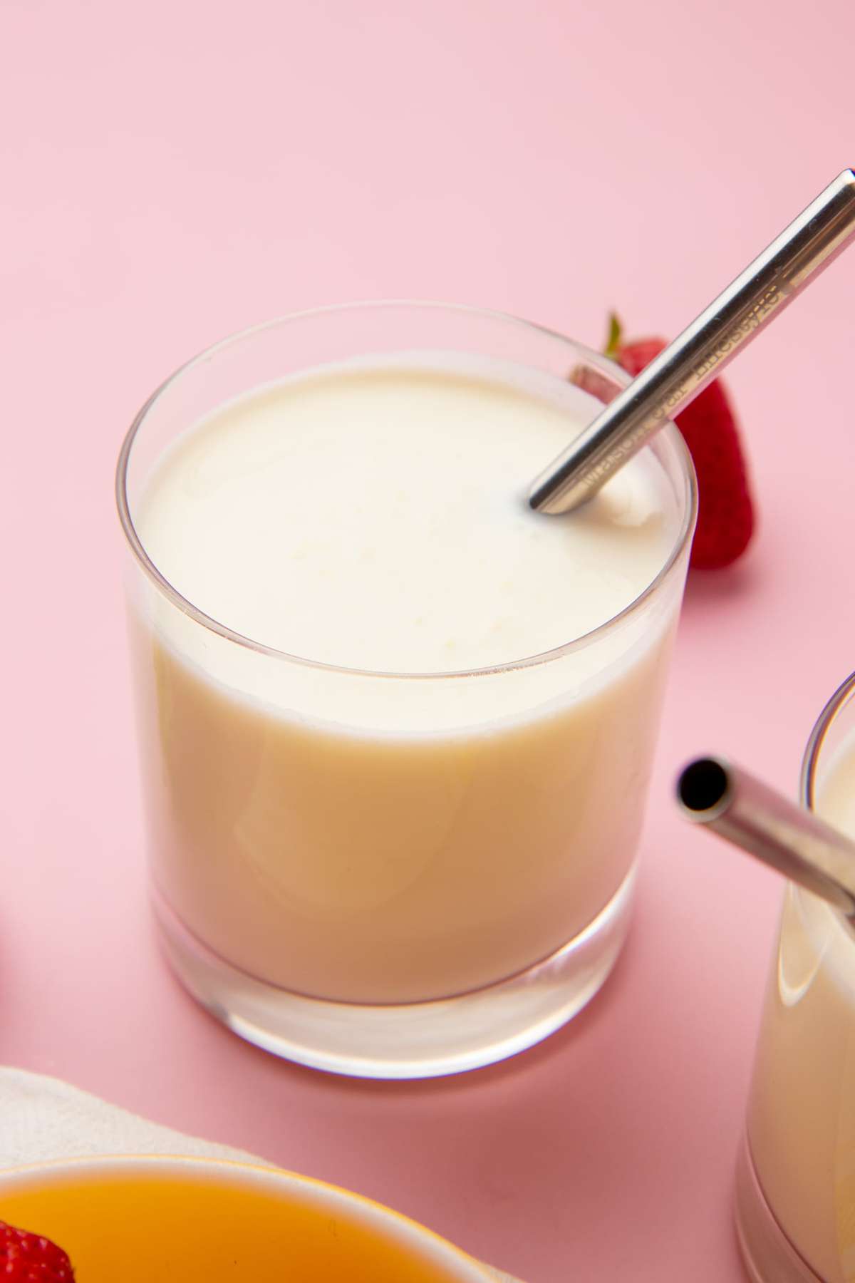 Close-up of thick and creamy homemade kefir in a glass.