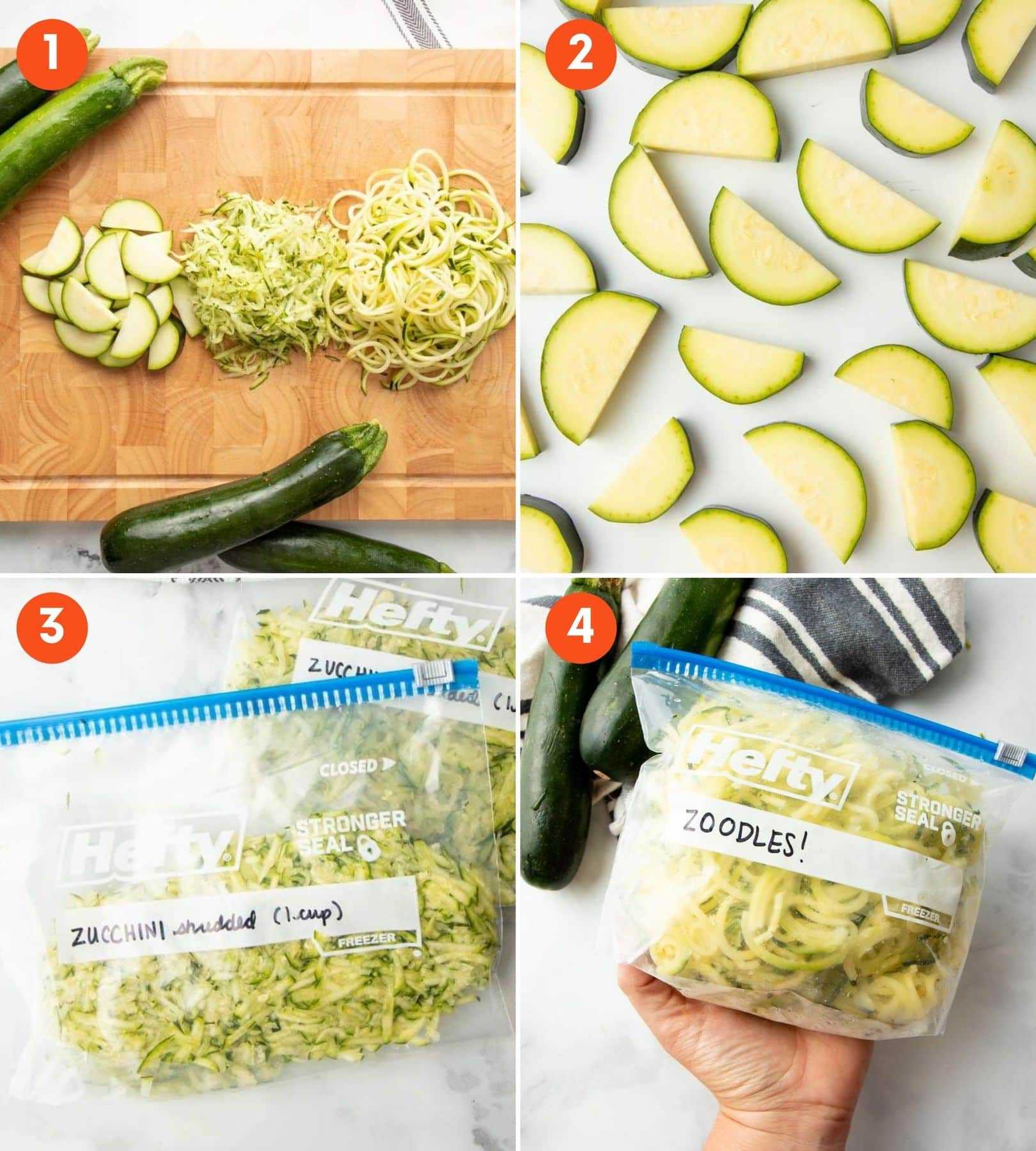 A collage of images showing three different ways to freeze zucchini.