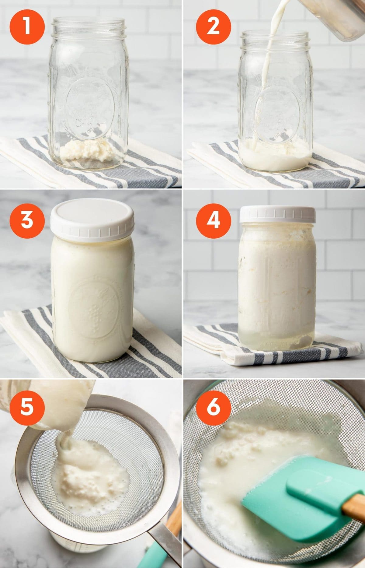 Collage of images showing how to make kefir in six steps.